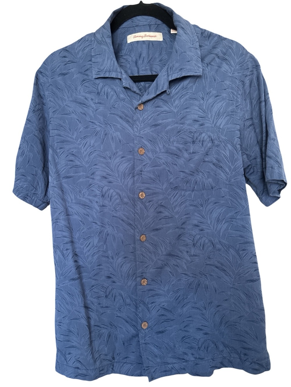 Tommy Bahama Palm Print Camp Shirt Blue Cotton Viscose Hawaiian Button Up Size M